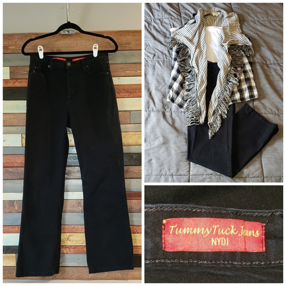 NYDJ black Tummy Tuck high rise bootcut jeans.